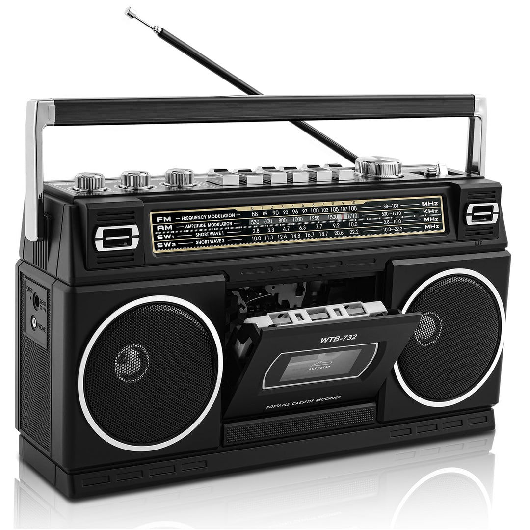 Retro-Classic-Portable-Boombox im 80er-Jahre-Stil mit Kassettenrecorder, AM/FM/SW1/SW2-Radio, Blueto