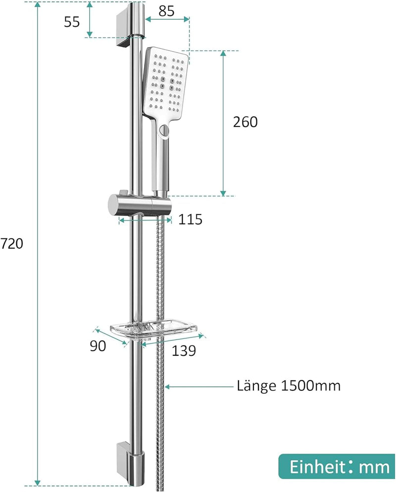 EMKE Duschsystem Duschset, Brausestangenset-Duschstange 72cm+Handbrause mit 150cm Schlauch+Seifenhal