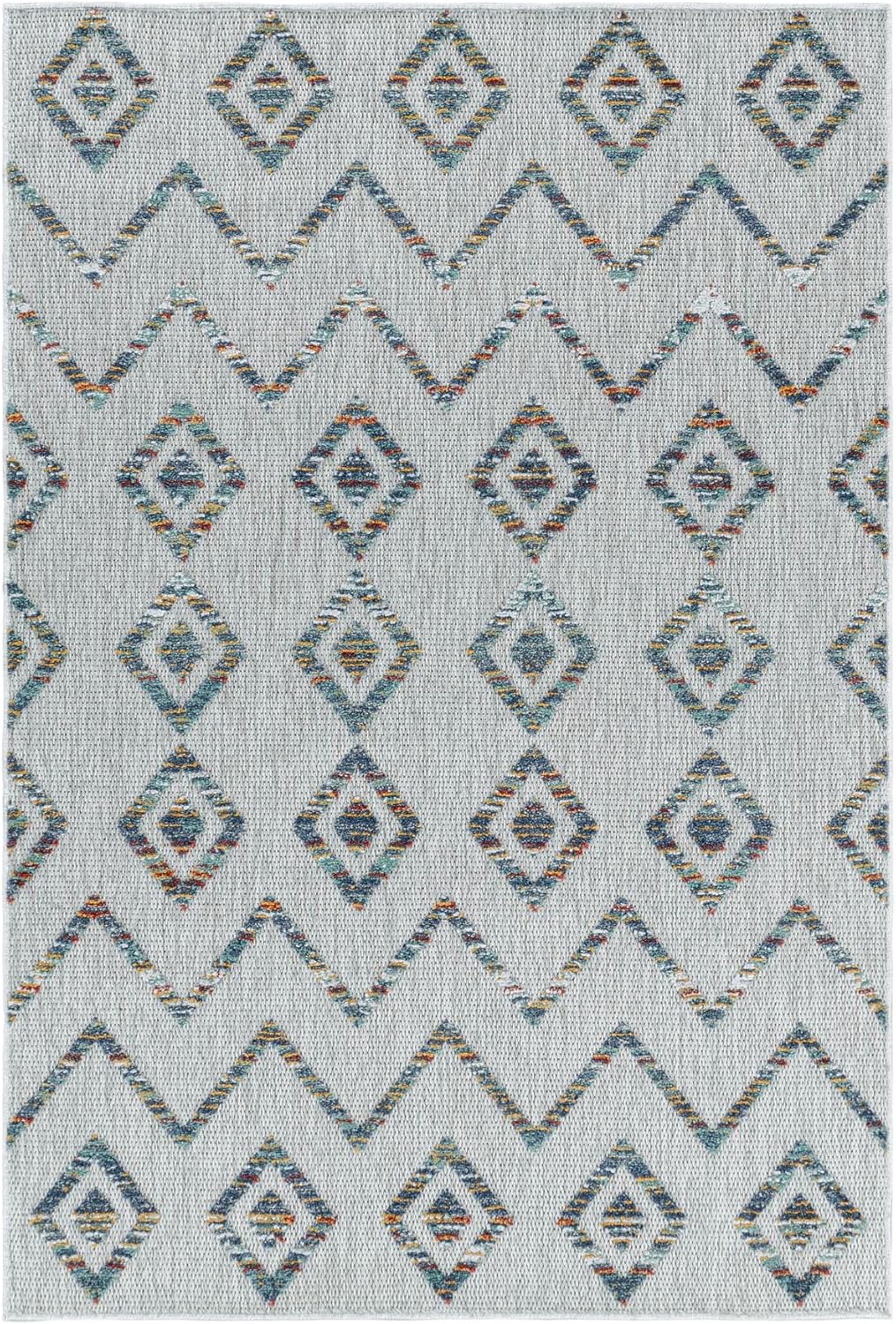 Carpetsale24 Outdoor Teppich Modern, Skandi Boho Ethno Muster 3D Optik, Rechteckig, Grau mit bunten