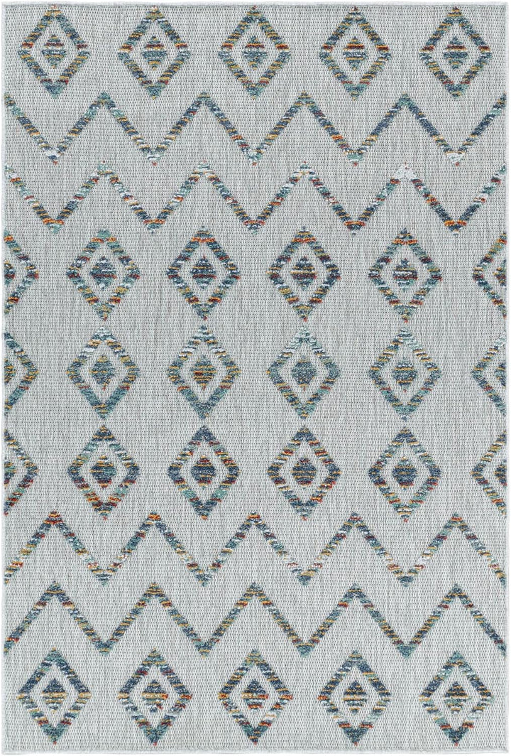 Carpetsale24 Outdoor Teppich Modern, Skandi Boho Ethno Muster 3D Optik, Rechteckig, Grau mit bunten