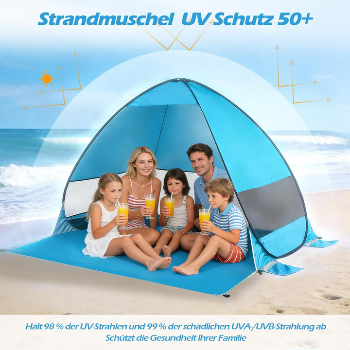 W&amp;H Strandmuschel Pop Up,UV Schutz 50+,Strandzelt für 2-3 Personen inkl. Tragetasche und Heringe,200