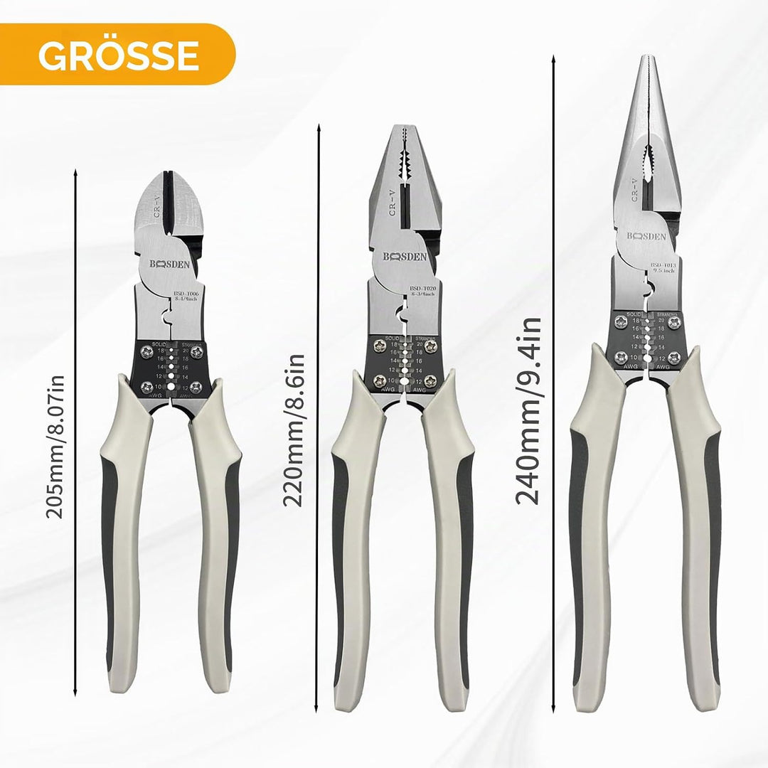 BOOSDEN Zangen Set mit 8 inch Seitenschneider, 8 inch Kombinationszange und 9 inch Spitzzange, 3-tei