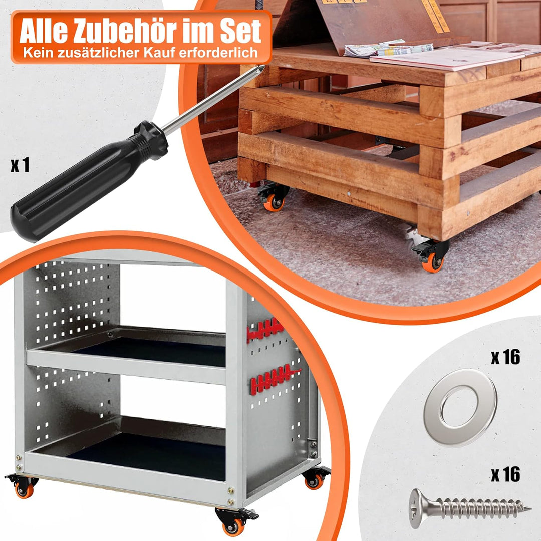4 Stück Möbelrollen Ø50mm mit Bremsen inkl. Montagezubehör Lenkrollen Transportrollen 360° Drehung b