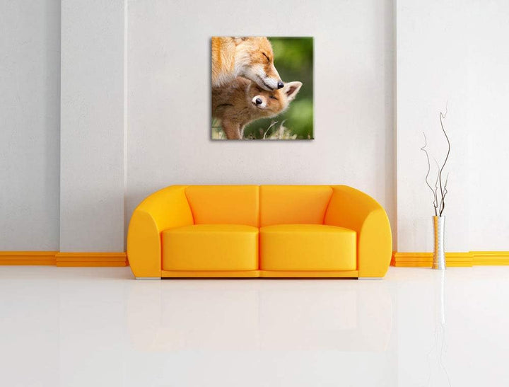Kuschelnde Füchse, Format: 70x70 auf Leinwand, XXL riesige Bilder fertig gerahmt mit Keilrahmen, Kun