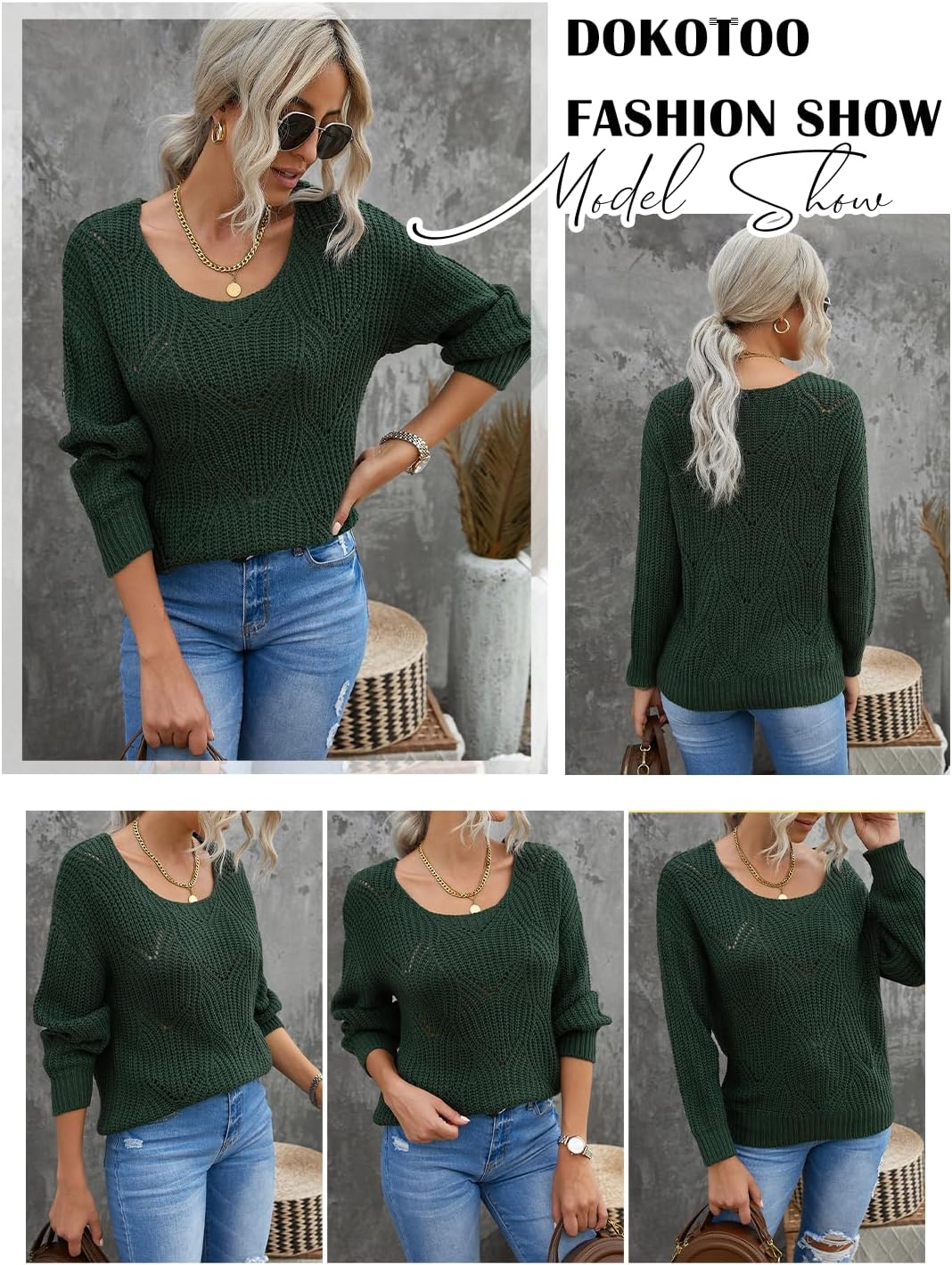 Dokotoo Damen Strickpullover Elegant Rundhals Pullover Herbst Winter Einfarbiger Pulli Oberteil Swea
