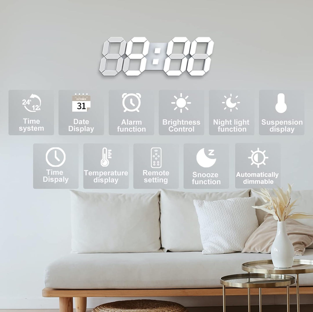 Deeyaple LED Wanduhr Digital Gross Wecker 3D Uhr Dimmbar Snooze USB 12/24Stunden Datum Temperaturanz