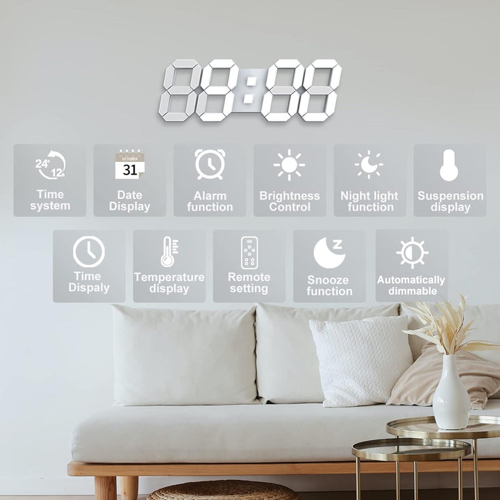 Deeyaple LED Wanduhr Digital Gross Wecker 3D Uhr Dimmbar Snooze USB 12/24Stunden Datum Temperaturanz