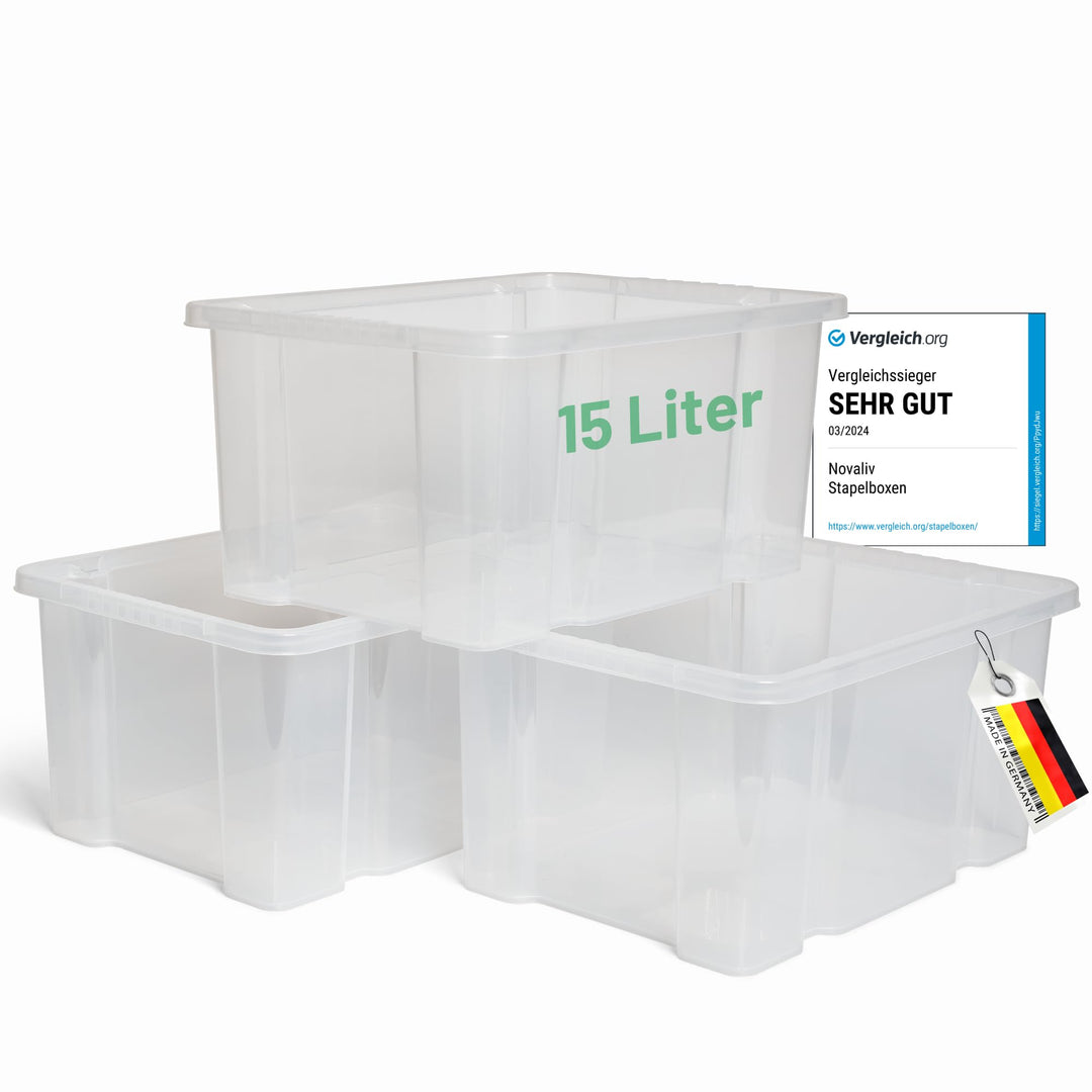 Novaliv 4x Aufbewahrungsboxen ohne Deckel 15L transparente Nestbar stapelbare Storage boxes Kunststo
