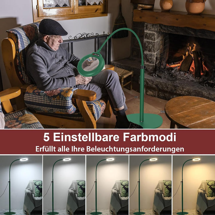 Veemagni 10X Echte Glaslinsen Schwanenhalslupen, Lupe mit Licht und Ständer Stehlampe, 5 Farbmodi St
