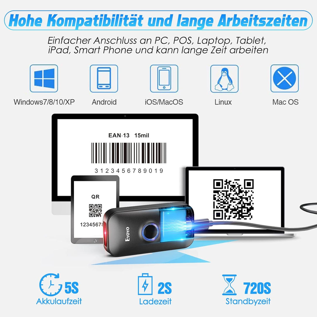 Eyoyo Mini 2D Bluetooth Barcode Scanner, 3 in1 Bluetooth & USB Kabel & 2.4G Wireless Barcode Leser,