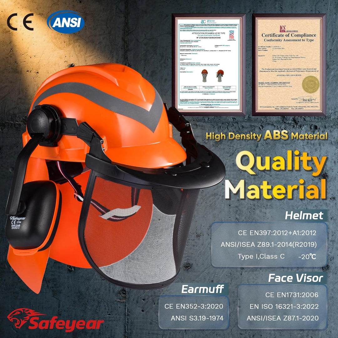 SAFEYEAR Pro Forestry Kettensägen-Schutzhelm mit verstellbaren 27SNR-Ohrenschützern, Netzvisier. M-5