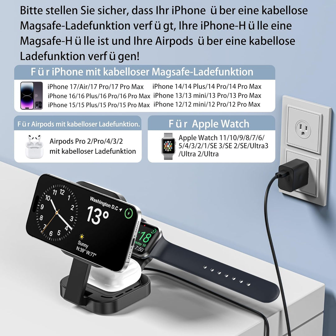3 in 1 induktive Ladestation für Apple, Faltbarer 3 in 1 kabelloses Ladegerät für Magsafe für iPhone