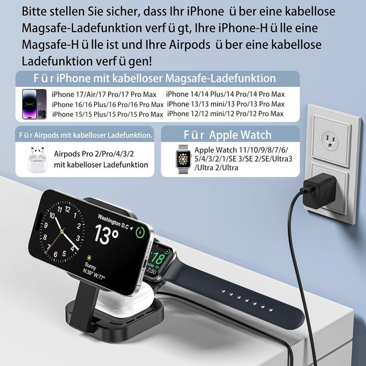 3 in 1 induktive Ladestation für Apple, Faltbarer 3 in 1 kabelloses Ladegerät für Magsafe für iPhone