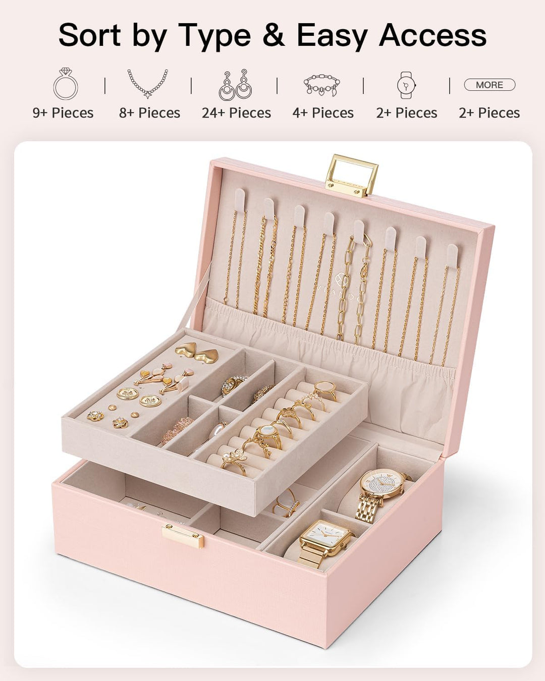 VLANDO 2-lagige Schmuckschatulle, grosser Schmuck-Organizer für Damen, abnehmbares Schmucktablett mi