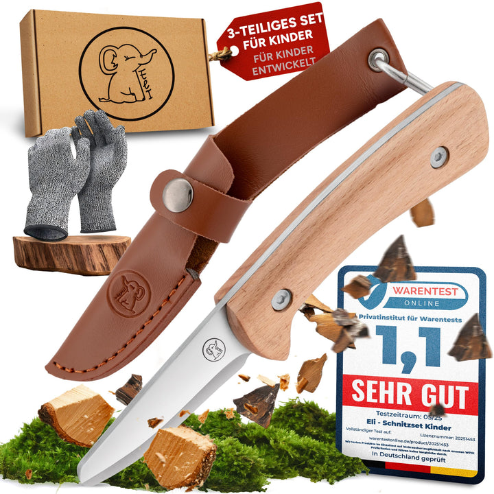Eli® Schnitzmesser für Kinder mit Ledertasche ab 8 Jahre - hochwertiges Kindermesser Schnitzset inkl
