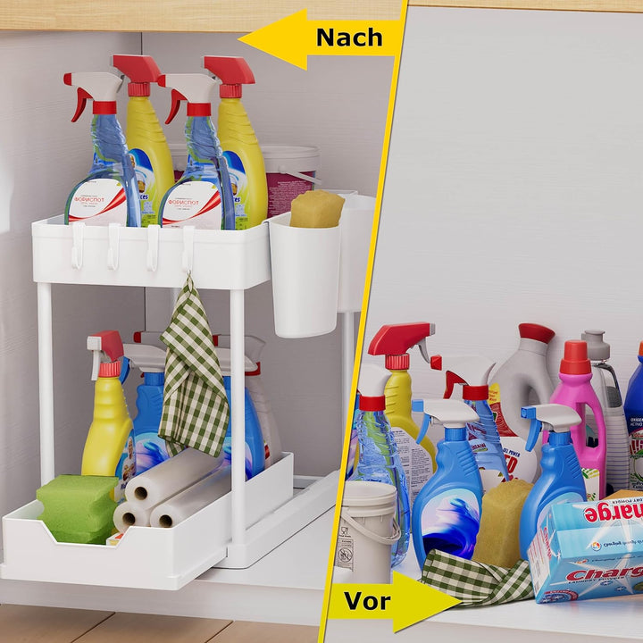 AIXPI Küchen Organizer 2 Etagen, Unter Waschbecken Regal mit Haken und Tasse Gewürzregal Spülschrank