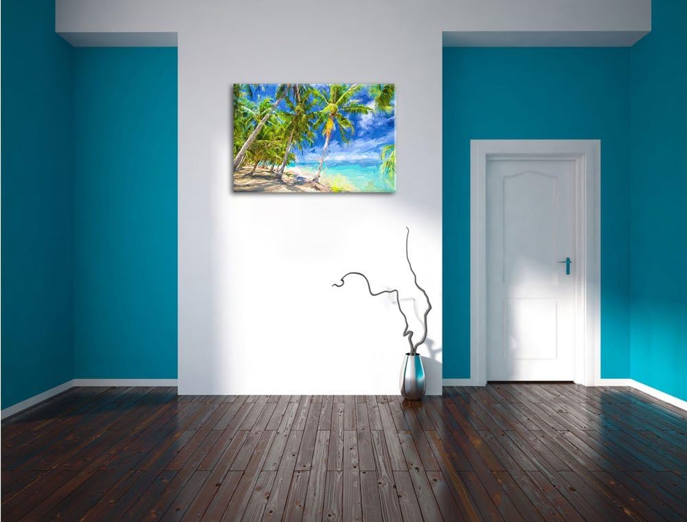 Pixxprint Traumstrand mit Palmen als Leinwandbild/Grösse: 100x70 / Wandbild/Kunstdruck/fertig bespan
