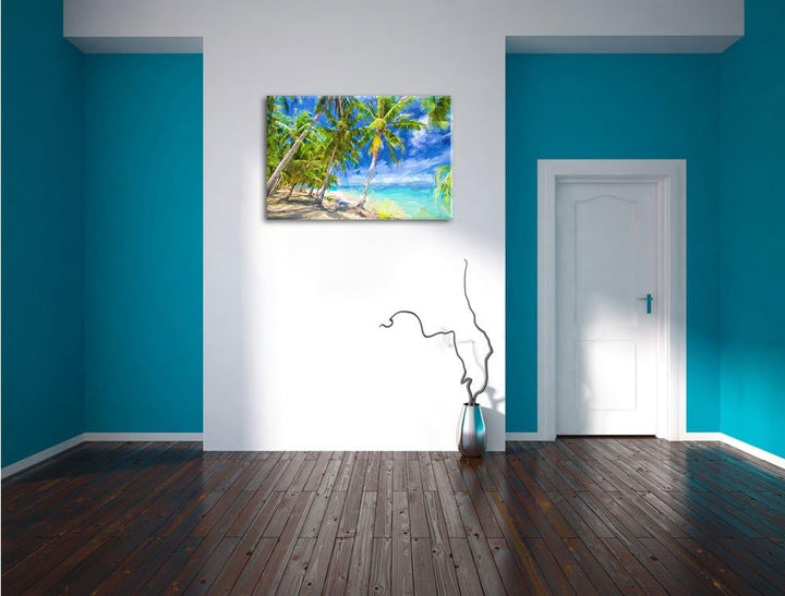 Pixxprint Traumstrand mit Palmen als Leinwandbild/Grösse: 100x70 / Wandbild/Kunstdruck/fertig bespan