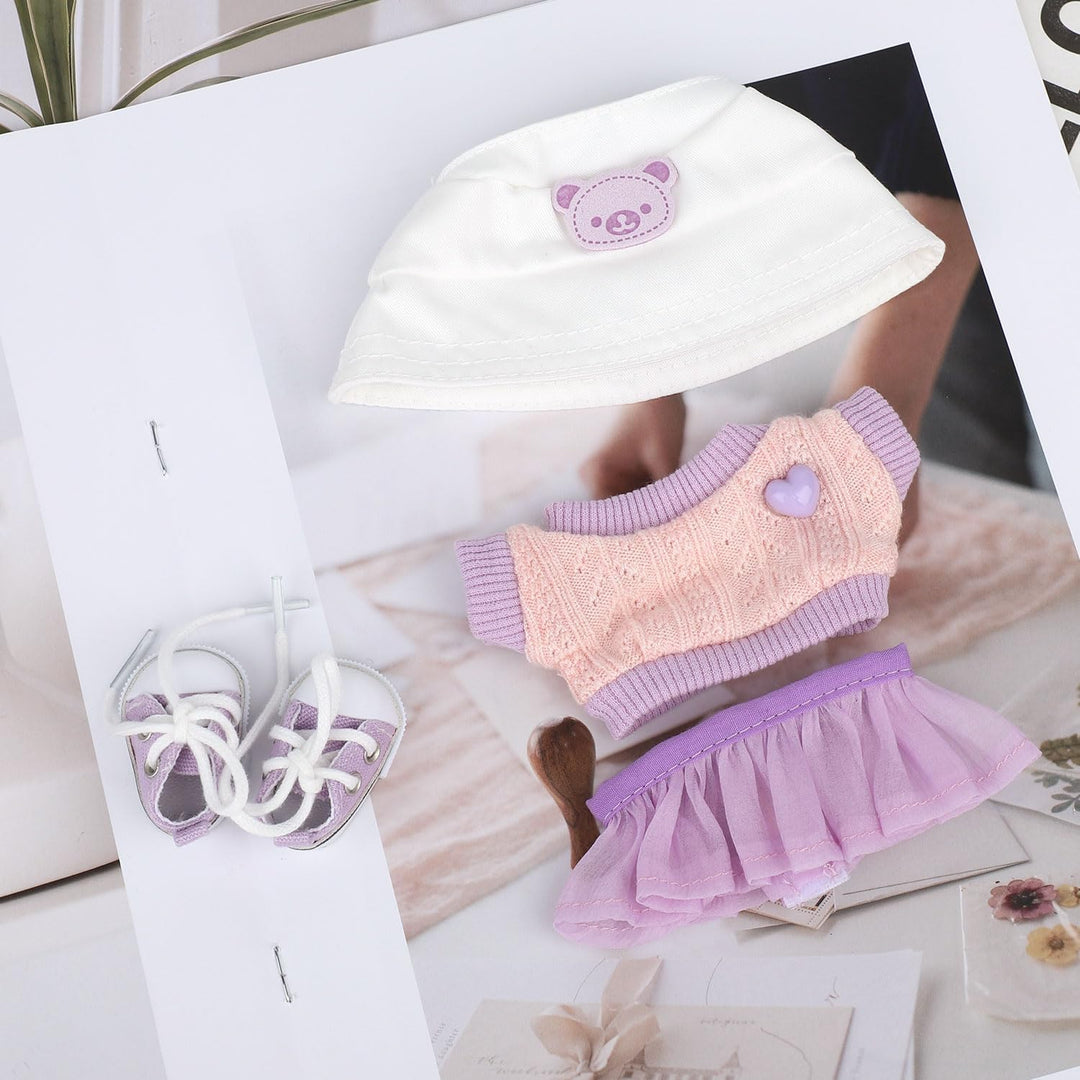 BOXOB Plüschpuppen Kleidung Set, 5stk Kawaii Outfit Enthält Pullover, Lila Tüllrock, Hut, Kleine Was