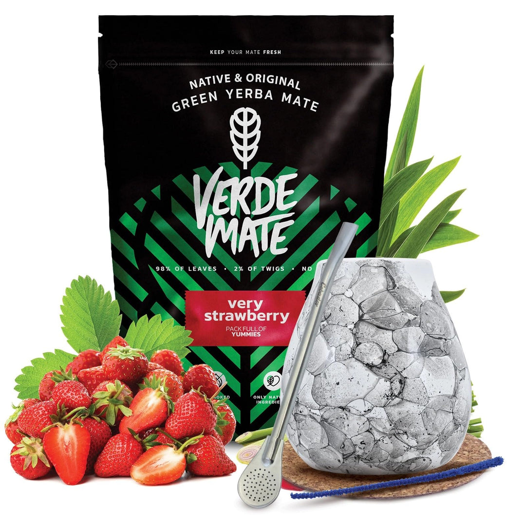 Mate Tee Set Verde Mate Very Strawberry 500g - Keramik Becher 300ml, Bombilla und Zubehör - Brasilia