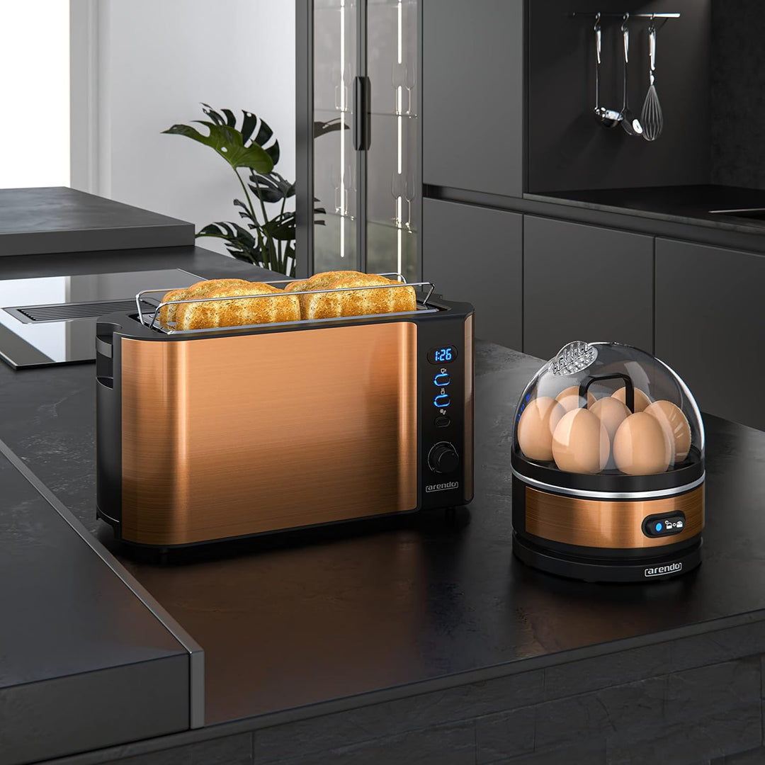 Arendo - SET Toaster FRUKOST mit Eierkocher SEVENCOOK Edelstahl Kupfer, Toaster 4 Scheiben, LED-Disp