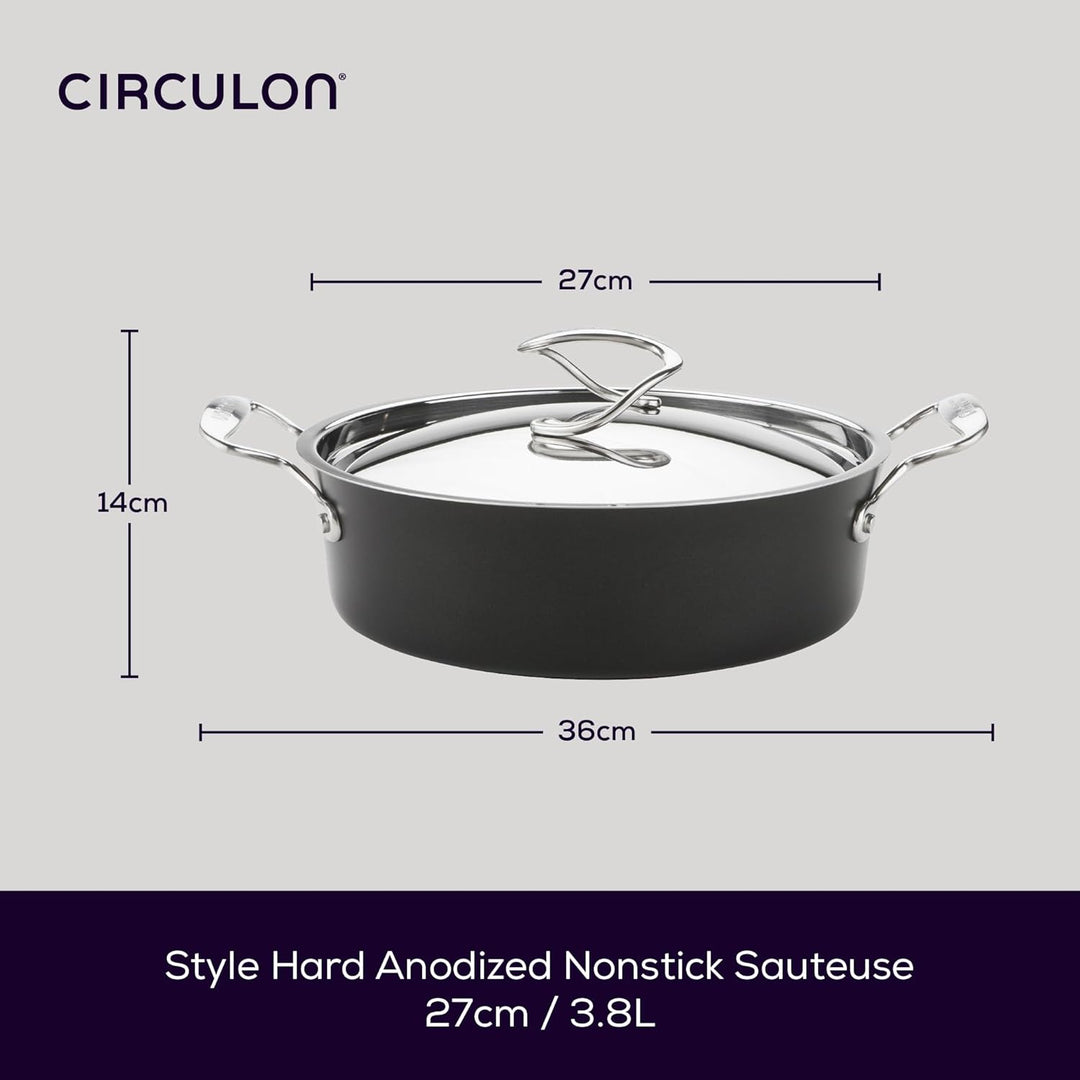 Circulon Style Induction Saute Pan with Lid 27cm - Non Stick Saute Pan with Stainless Steel Lid & Ha