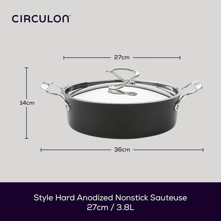 Circulon Style Induction Saute Pan with Lid 27cm - Non Stick Saute Pan with Stainless Steel Lid & Ha