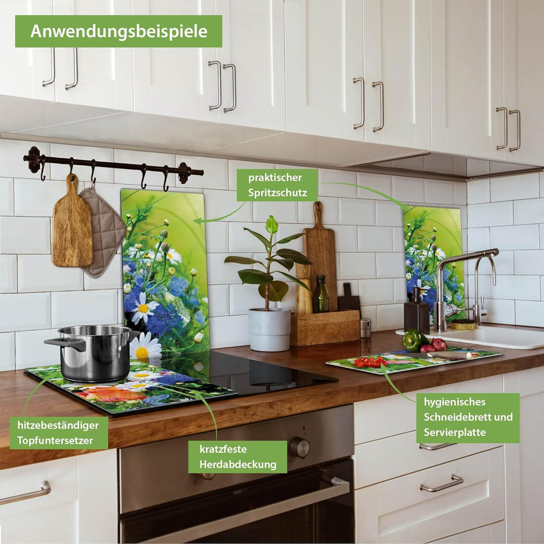 banjado® Herdabdeckplatte Glas 2-teilig je 30x52 cm/Schneidebrett Herdabdeckung mit Motiv Blumenstra