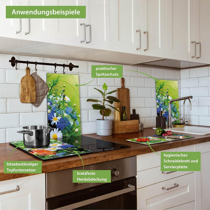 banjado® Herdabdeckplatte Glas 2-teilig je 30x52 cm/Schneidebrett Herdabdeckung mit Motiv Blumenstra
