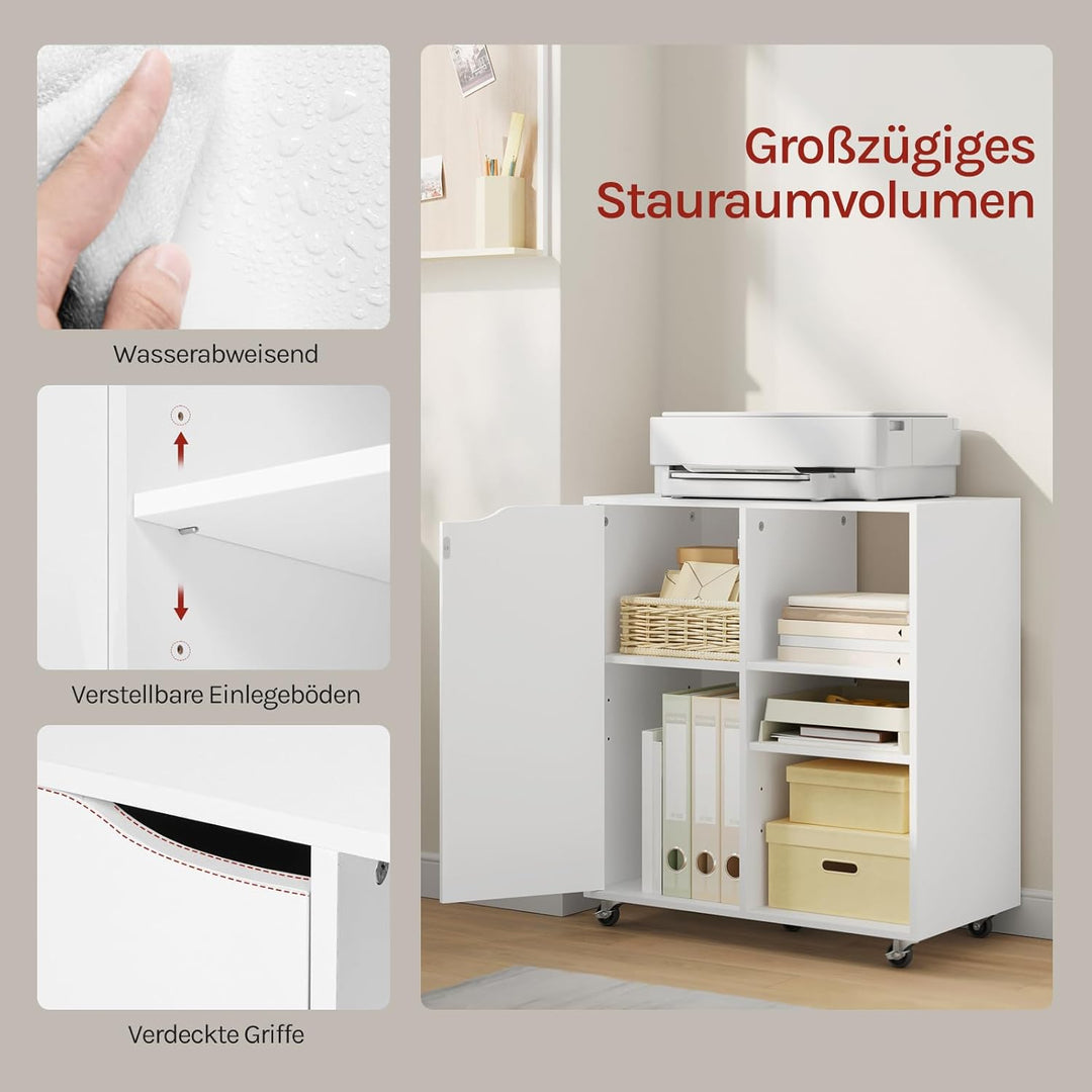 WOLTU Aktenschrank mit Rollen, Druckertisch mit 3 offenen Fächern, 1 Tür, verstellbaren Ablagen, für