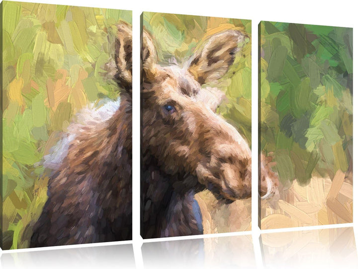 Pixxprint Elch im Wald Kunst als Leinwandbild/Grösse: 3 Teilig (120x80) / Wandbild/Kunstdruck/fertig