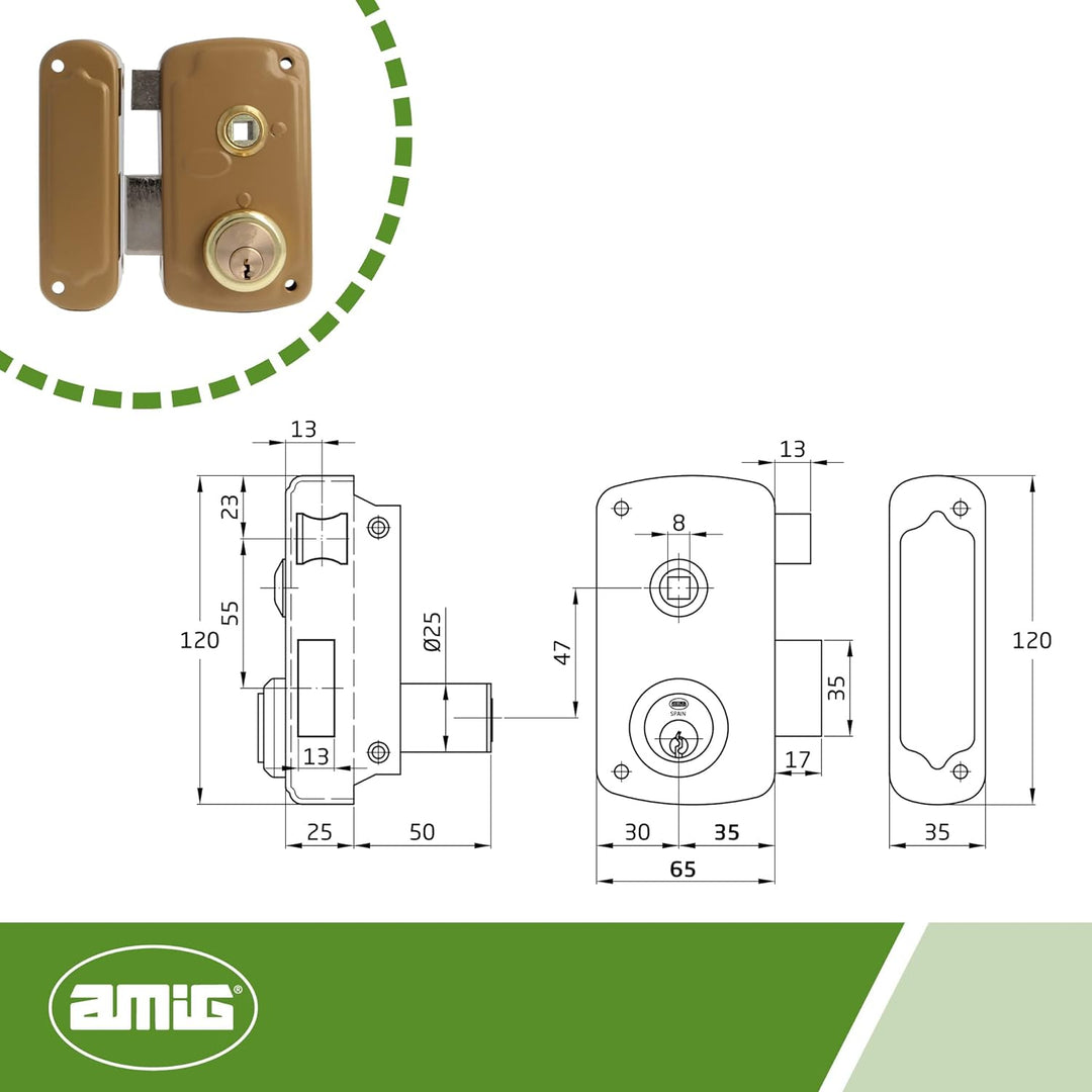 Amig - Überschlagschloss links mit Hebelverschluss, Zunge und Griff für Holztüren, Mod. 75UN 66 x 12
