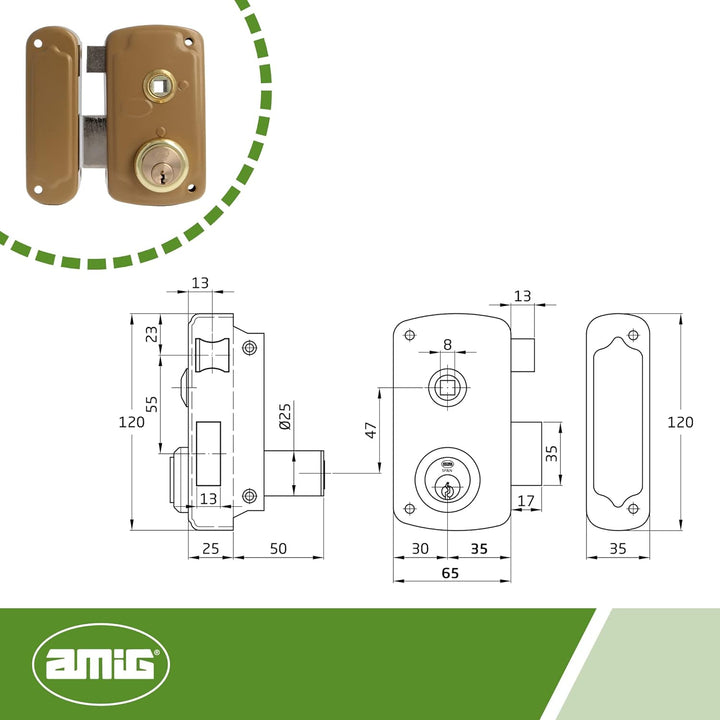Amig - Überschlagschloss links mit Hebelverschluss, Zunge und Griff für Holztüren, Mod. 75UN 66 x 12