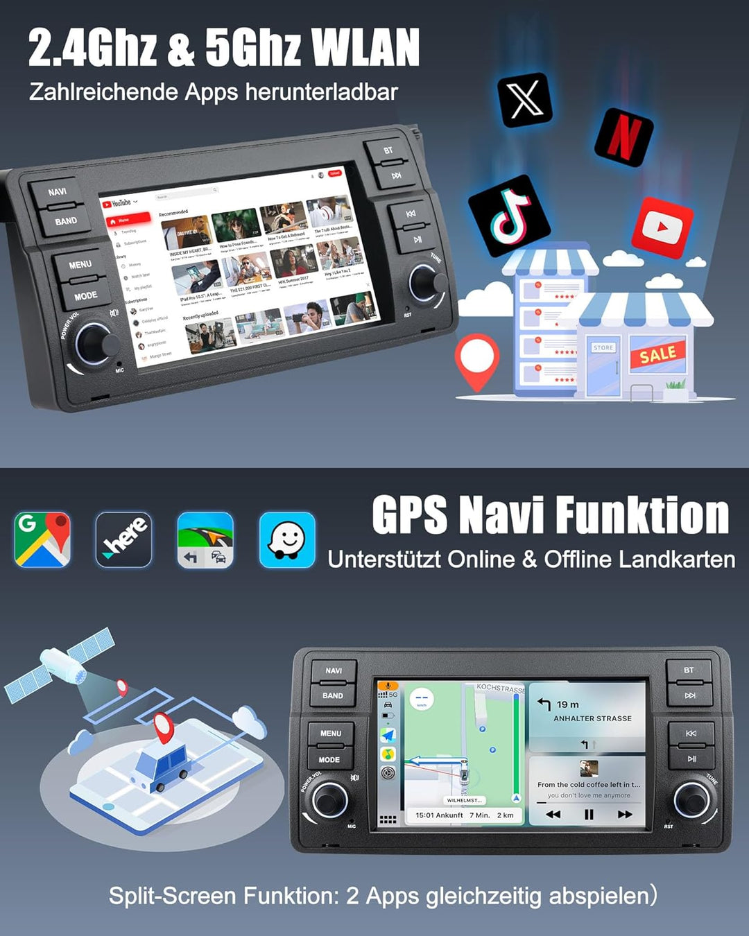 Lehwey Bluetooth Autoradio mit Bildschirm für BMW E46 3 Serien 1998-2006 M3 Rover ZT mit Navi WLAN A