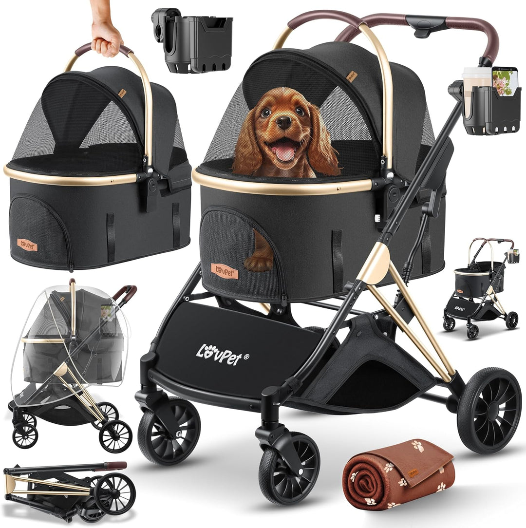 LOVPET® Hundewagen 3in1 Hundebuggy Hundebox Transporttasche 360° Grosse Räder Faltbar klappbar Haust