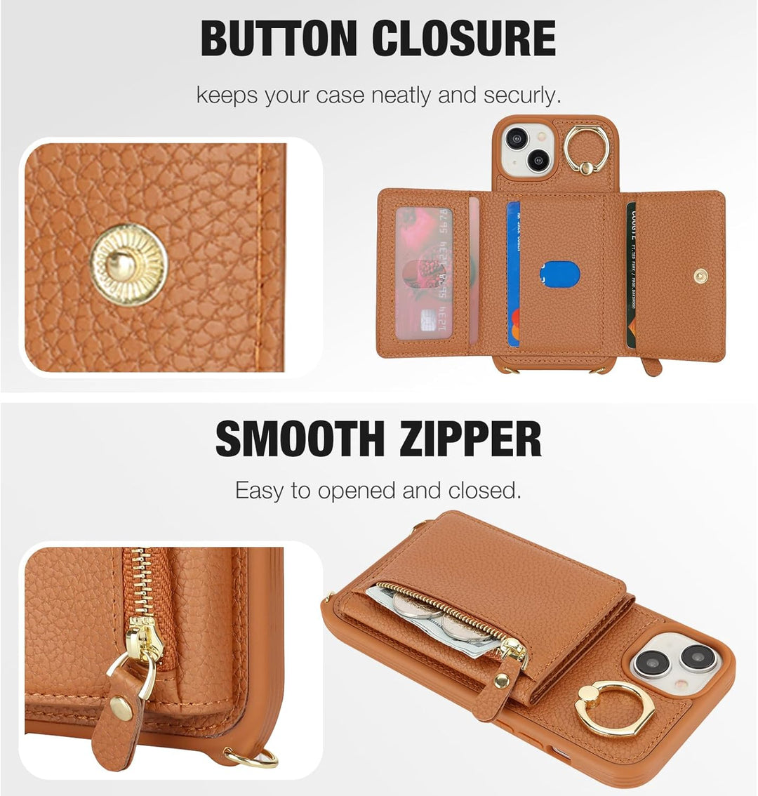ELTEKER Handyhülle für iPhone 13 Hülle mit Band Kartenfach Ringhalterung Geldbörse,Leder Klapphülle