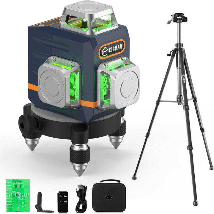 Kreuzlinienlaser mit Stativ, CIGMAN 3x360 Grad Grün Selbstnivellierend Laser Wasserwaage mit 1,5m -A