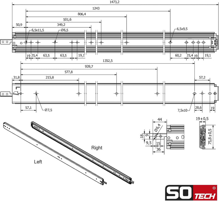1 Paar SOTECH Schwerlastauszüge VarioSlide KV2-200-H76-L1450-EH 1473,2 mm mit Lock-in/out Einrastfun