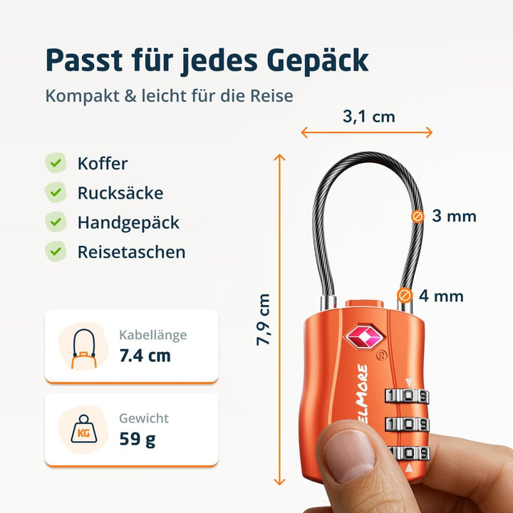 TSA-Kofferschlösser | Gepäckschlöss mit flexiblem Kabel | TSA-Schlöss für Flugreisen | Schlösser für