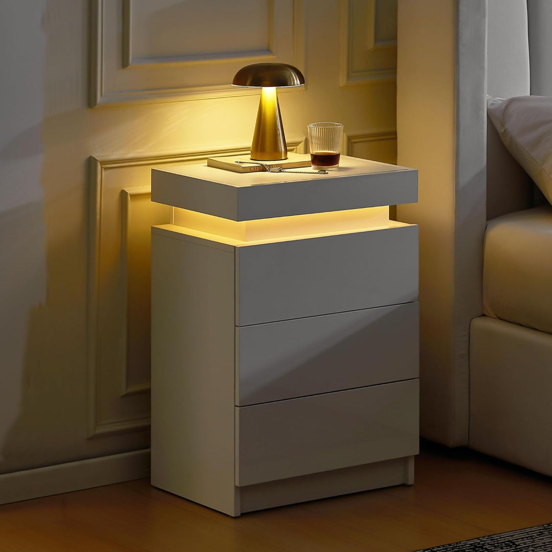 CLIPOP Moderner Nachttisch Hochglanzfront Kommode mit 3 Schubladen mit LED-Lichtern, 3 Schubladen Sc