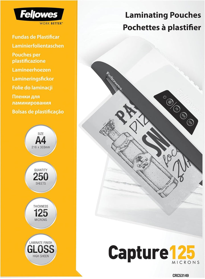 Fellowes Laminierfolien A4, 125 Mikron (2 x 125 mic), glänzende Heisslaminierfolien im Value Pack mi