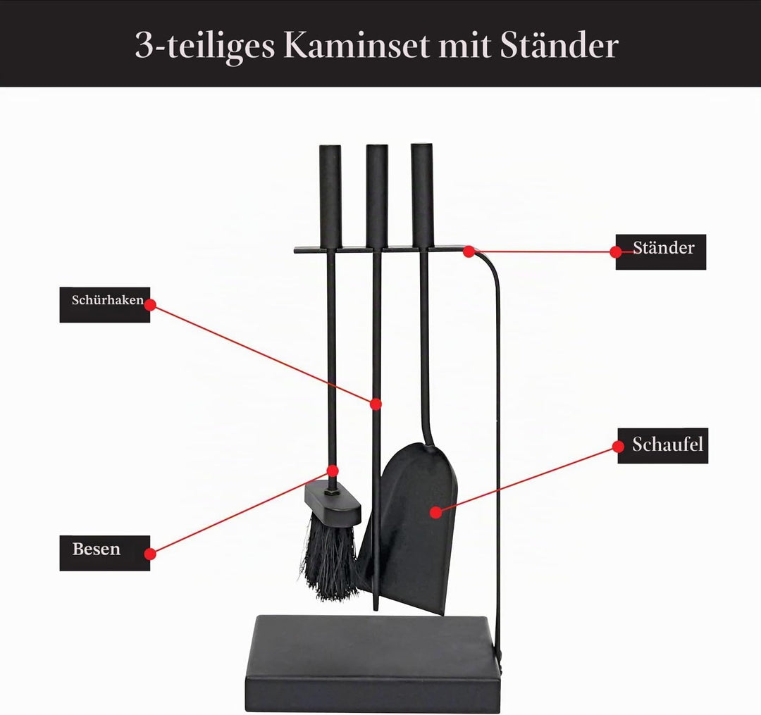 JVL Belmont modernes Kaminbesteck Curve Werkzeug Set, Stahl, schwarz, 23 x 15 x 45 cm,
