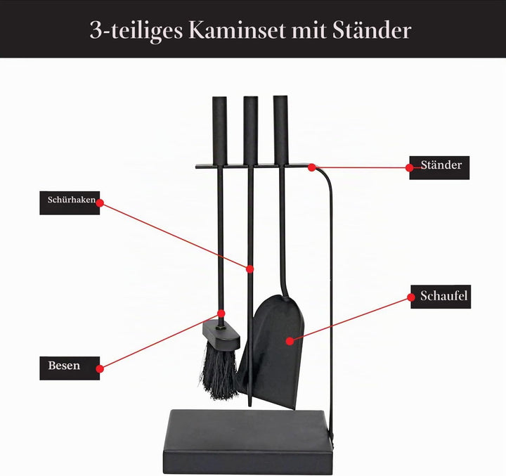 JVL Belmont modernes Kaminbesteck Curve Werkzeug Set, Stahl, schwarz, 23 x 15 x 45 cm,