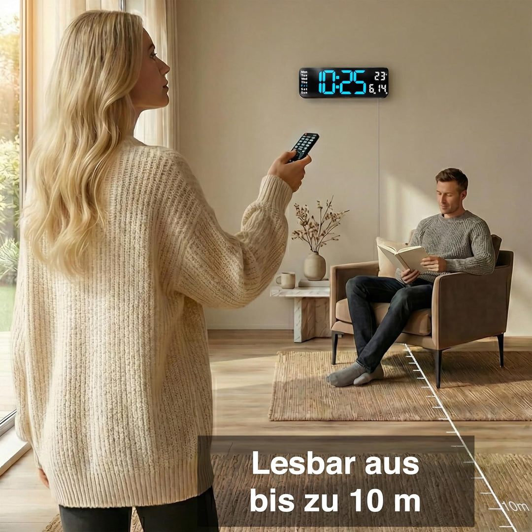OPIS Clock 1 XL 32 cm – Wanduhr Digital in Blau mit Fernbedienung, Temperaturanzeige, Datum, Wochent