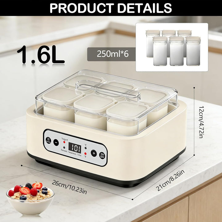 Joghurtbereiter, 1,6 L Joghurt Maschine mit 6 Stück 250 ML Gläsern Joghurtmaschine mit Zeiteinstellu