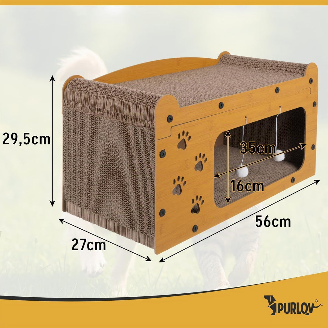 Purlov Katzen Kratzhaus 3-in-1 mit 2 Ebenen – HDF &amp; extra Feste Wellpappe, Liegeplatz + Kratzfläche