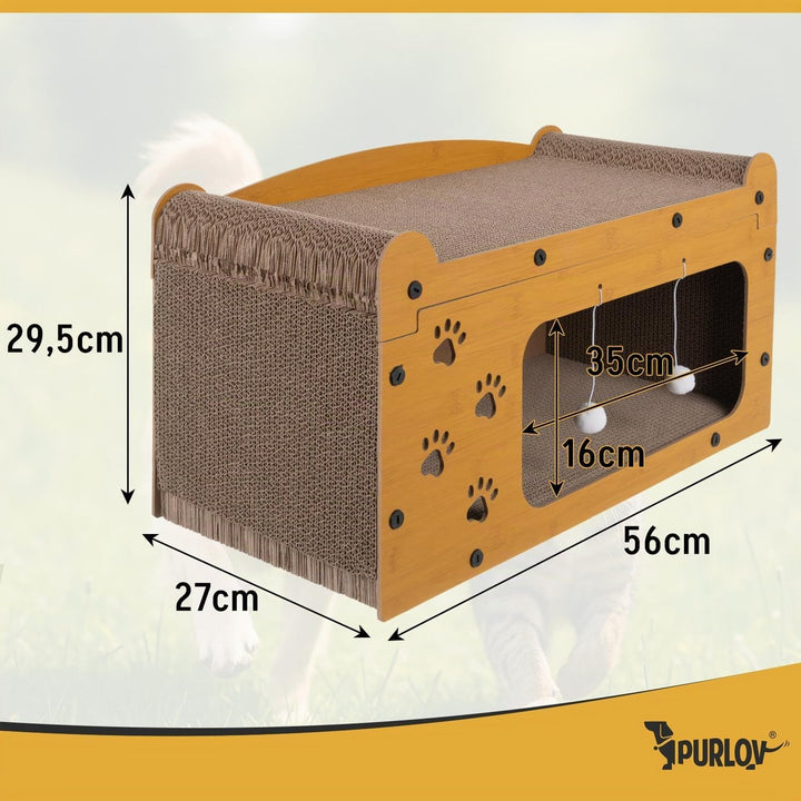 Purlov Katzen Kratzhaus 3-in-1 mit 2 Ebenen – HDF &amp; extra Feste Wellpappe, Liegeplatz + Kratzfläche