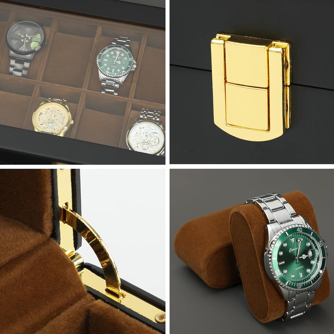 R.SHENGTE Uhrenbox,12 Slots Holzuhr Organizer Box mit Glasdeckel,Schmuck Aufbewahrungsbox für Männer
