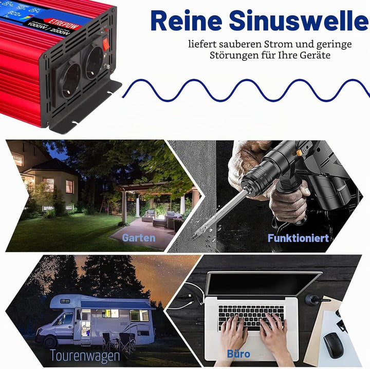 Wechselrichter 1000w 12v auf 230v Reiner Sinus Spannungswandler | 2 EU-Steckdose und Einer 2,1A USB,
