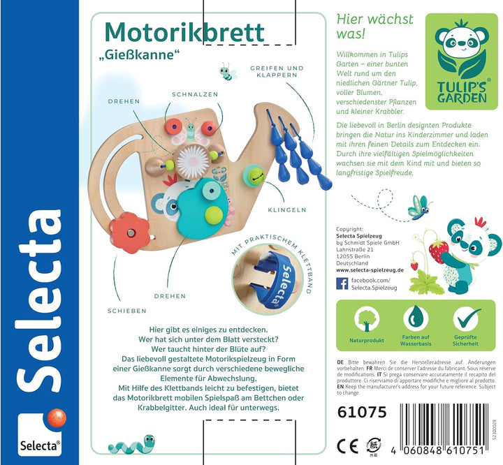 Selecta 61075 Tulips Garden, Motorikbrett Giesskanne, 25 cm, Motorikspielzeug aus Holz